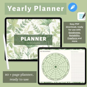 May include: Digital yearly planner on two tablets. The planner has a green floral design and the word "PLANNER". The text "FOR THE VISONARIES" is below the word "PLANNER". The planner includes an 80+ page planner, ready to use. The text "Easy PDF download, ready for use with Goodnotes, Notability, Freeform and more".