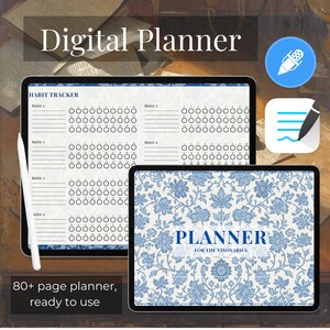 Agenda annuel numérique Simple téléchargement numérique Organisateur floral bleu Suivi des habitudes Plan quotidien Programme quotidien Compatible Goodnotes