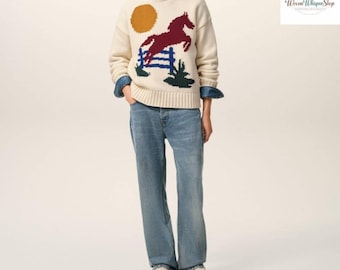 Cream Horse Knit Wool Sweater | Unisex Landscape Jumper, Winter Warmth