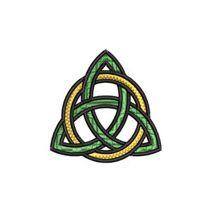 Könnte beinhalten: Gesticktes keltisches Knotenmuster mit verschlungenen Schlaufen in Grün, Gelb und Schwarz. Der symmetrische Knoten ist ein traditionelles Symbol der Verbundenheit, das oft in Schmuck, Kleidung und Dekorationsartikeln verwendet wird. Das Design ist vor weißem Hintergrund.