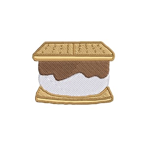 May include: Embroidered patch of a s'more, a popular campfire treat. The design features a graham cracker top and bottom, with a layer of chocolate and marshmallow in between. The colors are shades of brown, white, and tan.