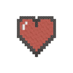 May include: A pixelated heart design in red and grey. The heart is made up of small squares, giving it a retro, digital look. The design has a textured appearance, with a white highlight on the upper left side.