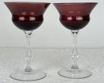 Cambridge Glass Purple Amethyst Flared Coupe Glasses with Clear Sculptural Stems - Set of 2
