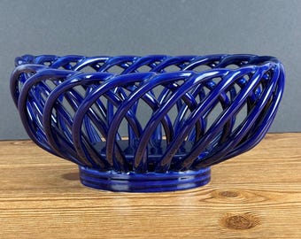 Vintage Eucalyptus Stoneware Woven Ceramic Bread Fruit Basket, Cobalt Blue - Del Mar, California