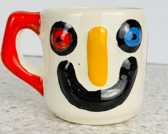 Vintage Goombay Smiling Face Bahamas Souvenir Ceramic Mug, 1985 Hand-Painted Caribbean Folk Art