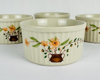 Vintage Countryside Collection Ribbed Floral Ramekins - Set of 4 - 1980 Japan Stoneware