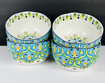 Pier 1 Imports Celeste Pattern 6" Soup Cereal Bowls Blue Green Turquoise Garden Boho Style - Set of 4