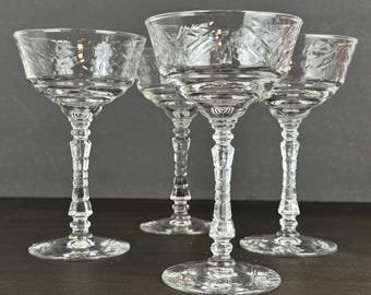 Libbey Rock Sharpe Arctic Rose Etched Crystal Champagne Coupe Glasses Vintage 1940s Barware - Set of 4