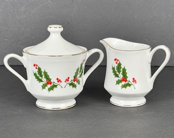 Vintage Holly Berry Sugar Bowl and Creamer Set - Fine China Japan