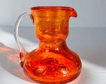 Orange Crackle Tangerine Glass Mini Pitcher Bud Vase - Mid-Century Hand Blown Art Glass
