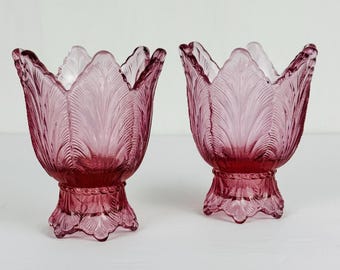 Vintage Fenton Pink Art Glass Tulip Shape Two Way Candleholders - Set of 2