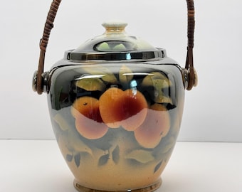 Antique English Art Deco Lustreware Biscuit Barrel with Lid, Rattan Handle - Made in England