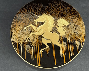 Otagiri Japan Black & Gold Lacquerware Unicorn Coasters, Set of 6, with Decorative Storage Trinket Box