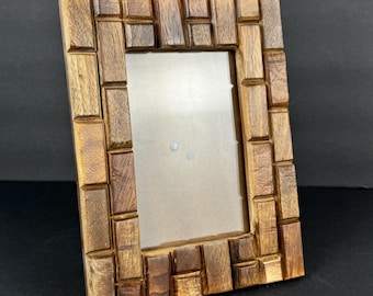 Boho Wood Block 5x7 Picture Frame - Brown Wood Brick Pattern Tiles