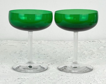 Fostoria "Classic Green" 1930s Emerald Green Champagne Coupe Glasses - Set of 2
