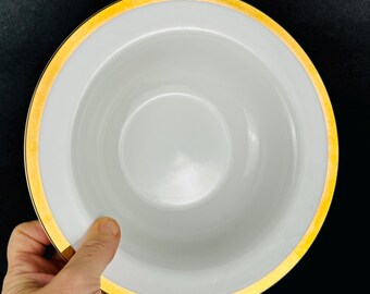 Vintage Gold Band White Porcelain Wide Rimmed Soup Bowls - Set of 4 - Elegant Dinnerware