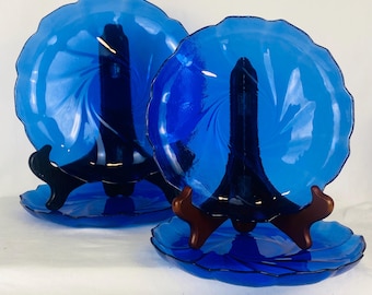 Arcoroc Cobalt Blue Glass Scalloped Swirl Dinner and Salad Plates - 2 of Each - France