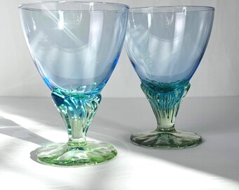 Bormioli Rocco Bahia Blue Green Footed Goblet Cocktail Glasses, Vintage 1980s - Set of 2