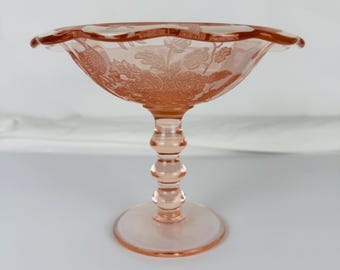 Vintage Paden City Glass Peacock & Wild Rose Pink Pedestal Bowl - 1930s Depression Glass