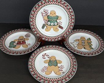 Sakura Debbie Mumm Sweet Gingerland 8" Salad Plates, Oneida Christmas Gingerbread Dinnerware - Set of 4