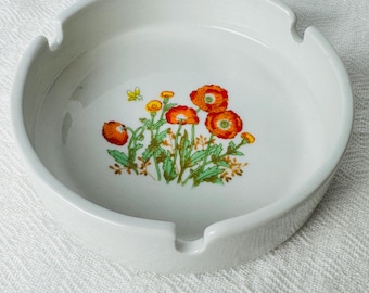 Vintage Orange Poppy White Ceramic Ashtray - 1970s Flower Power Decor
