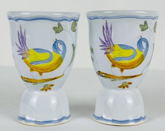 Vintage Longchamp Perouges Double Egg Cups – Hand-Painted Bird Faïence Set (1990s)