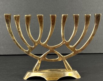 Vintage Solid Brass Miniature Hanukkah Menorah Mini Taper Candle Holder, MCM Holiday Decor