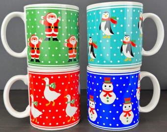 1980s Christmas Goose, Penguin, Snowman, Santa Polka Dot Colorful Mug Set - Set of 4