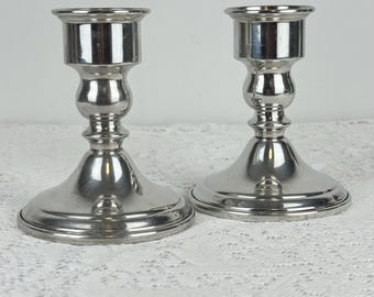 Vintage WEB Pewter Weighted Candlestick Holders, Set of 2 Colonial Style Two-Way Candle Holders