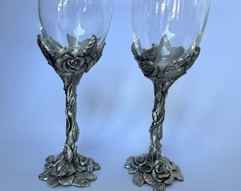 Ensemble de verres à vin en étain mouette, collection Rose, Etain Zinn 1995, fabrication artisanale Canada