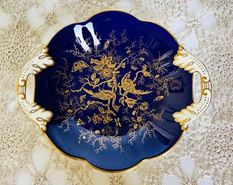 Antieke Coalport Cairo bonbonschaal, kobaltblauw en goud Bone China snoepschaal, behandeld Engels porselein, art-deco-snuisterijkom uit de jaren 1920