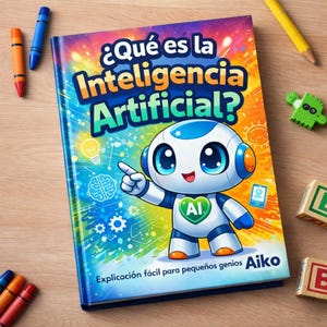 May include: A children's book titled "¿Qué es la Inteligencia Artificial?" features a cartoon robot character. The cover is colourful with the title in large, stylised letters. The book is on a wooden surface with crayons and other toys.