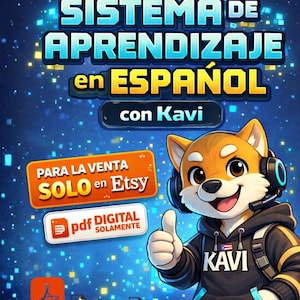 Peut inclure: Image numérique avec un Shiba Inu de dessin animé portant un casque et un sweat à capuche avec le texte "KAVI". L'image comprend du texte en espagnol : "MI PRIMER SISTEMA DE APRENDIZAJE en ESPAÑOL" et "PARA LA VENTA SOLO en Etsy".