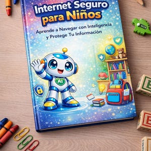 May include: A children's book titled "Internet Seguro para Niños" with a cartoon robot illustration. The book cover features a blue and purple starry background, a robot character, and text in Spanish. Crayons, a pencil, and other school supplies are scattered around the book.