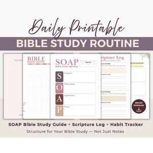 Könnte beinhalten: Druckbare Bibelstudienseiten mit dem Text "Daily Printable BIBLE STUDY ROUTINE". Die Seiten enthalten einen Bibel-Lesetracker, die SOAP-Bibelstudienmethode, ein Schriftprotokoll und einen Gewohnheitstracker. Das Design ist in Rosa- und Weißtönen gehalten.