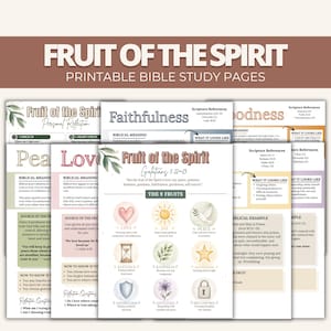 Puede incluir: Páginas imprimibles de estudio bíblico tituladas "Fruto del Espíritu". Las páginas presentan los nueve frutos del espíritu con referencias bíblicas, definiciones y ejemplos. El diseño incluye ilustraciones en acuarela y acentos botánicos.