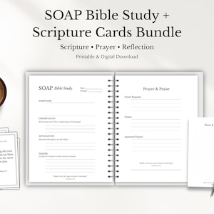 May include: A bundle of SOAP Bible Study and Scripture Cards. The image shows a spiral-bound notebook, scripture cards, a pen, and a cup of coffee. The notebook is open to a page with prompts for scripture, observation, application, and prayer. The cards have Bible verses.