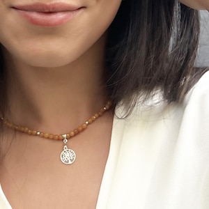 Golden Yellow Faceted Agate Necklace with Sterling Silver Tree of Life Charm