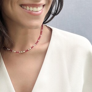 Ruby Pearl Necklace Gold Filled – Dainty Gemstone Necklace, Handmade Layering Jewelry, Gift for Women