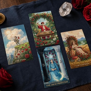 May include: Four tarot cards arranged on a dark cloth. The cards are labeled The Fool, The Magician, The High Priestess, and The Empress. Each card features detailed, colorful illustrations of figures and natural elements like roses and landscapes.