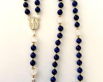 Rosario de piedras preciosas con la Medalla Milagrosa en azul oscuro y dorado - Cuentas de oración católicas, regalo católico