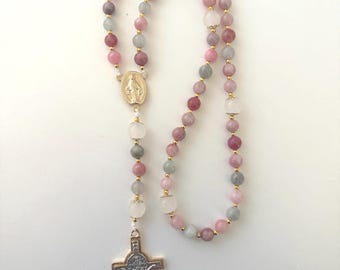 Multi-color Pink and Green Gemstone Rosary - Catholic Prayer Beads, First Communion gift
