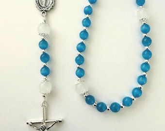 Rosario de cuentas de ojo de gato azul y plateado con medalla milagrosa - Rosario católico, regalo católico