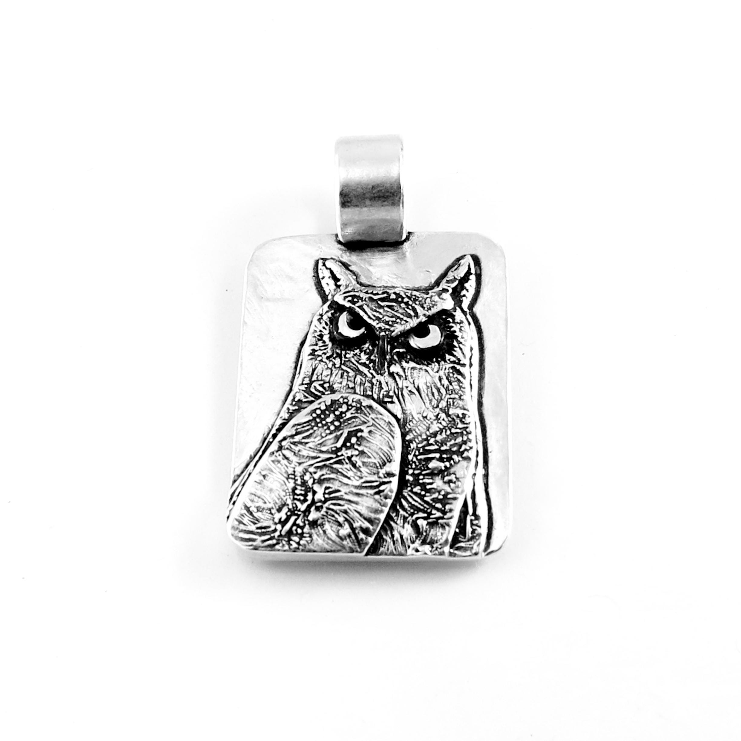Handmade Fine Silver Horned Owl Pendant 1631a