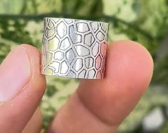 Geometric Etched Sterling Silver Wide Band Ring, Unisex Statement Jewelry