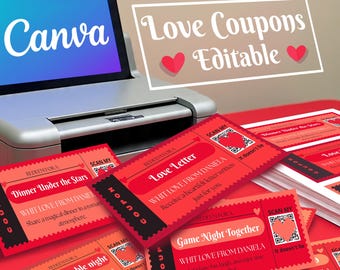 adult valentines coupons ,couple gift valentines day ,printable love gift for her him , editable coupons canva template