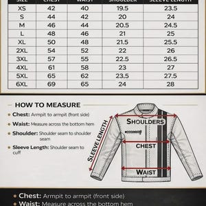 May include: A jacket size chart with measurements in inches for chest, waist, shoulder, and sleeve length. Includes a diagram illustrating how to measure each area. Sizes range from XS to 6XL.