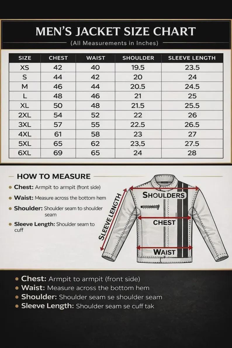 May include: A jacket size chart with measurements in inches for chest, waist, shoulder, and sleeve length. Includes a diagram illustrating how to measure each area. Sizes range from XS to 6XL.