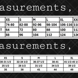 May include: A size chart displaying measurements in both centimetres and inches. The chart provides bust, waist, and hip measurements for sizes XS to XXL. The word "Measurements" is at the top.