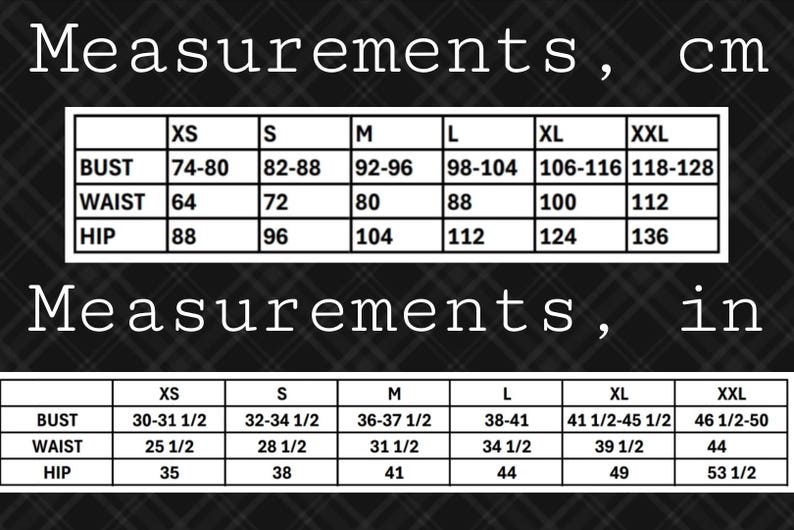 May include: A size chart displaying measurements in both centimetres and inches. The chart provides bust, waist, and hip measurements for sizes XS to XXL. The word "Measurements" is at the top.